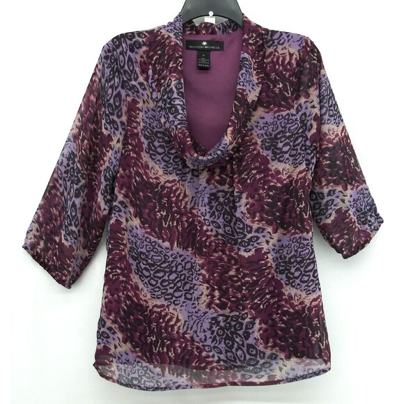 Madison Michelle Blouse Women Size M Purple Sheer Lined 3/4 Sleeve Cowl Neck Top - Picture 1 of 6